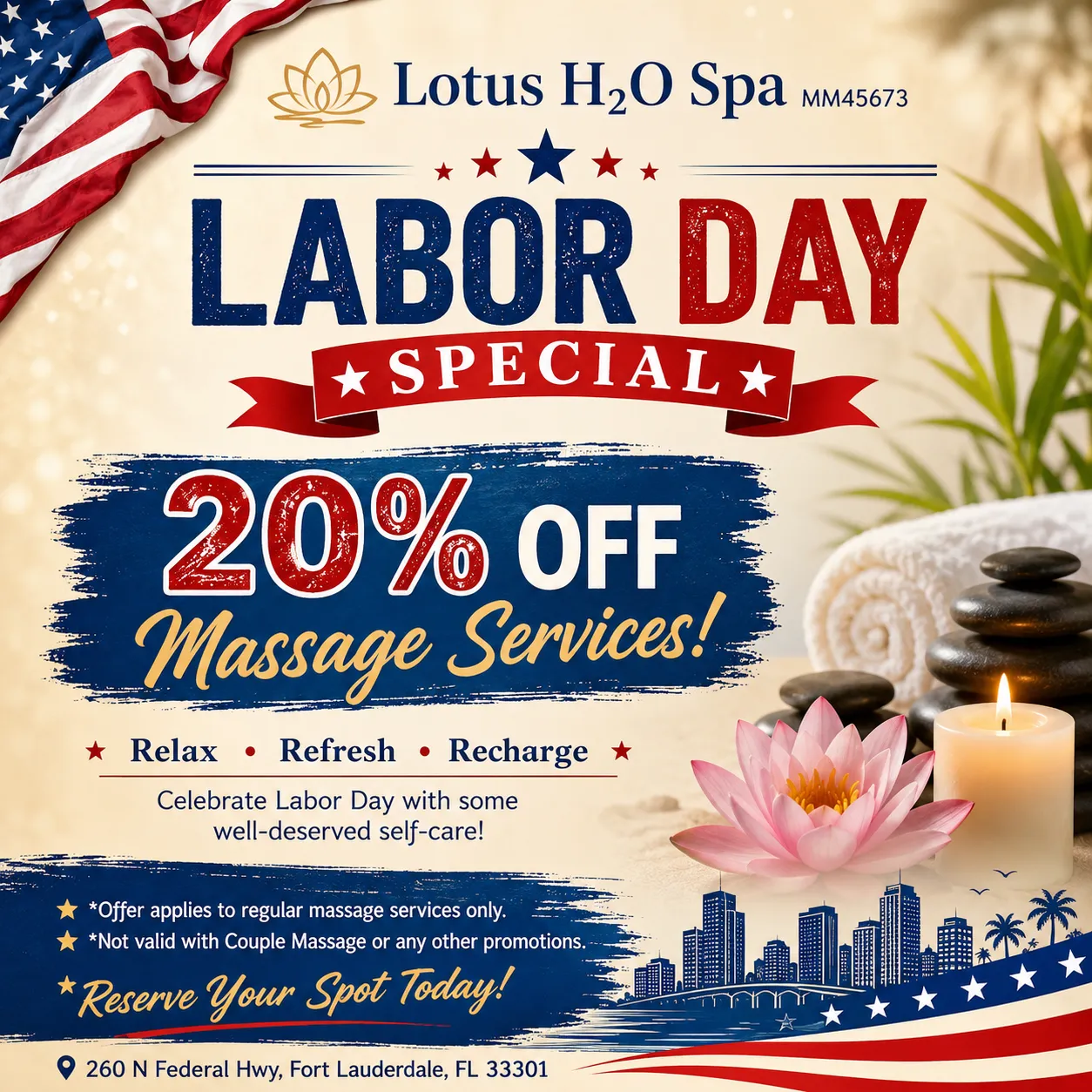 Lotus H2O Spa Labor Day Special - 20% off massage services