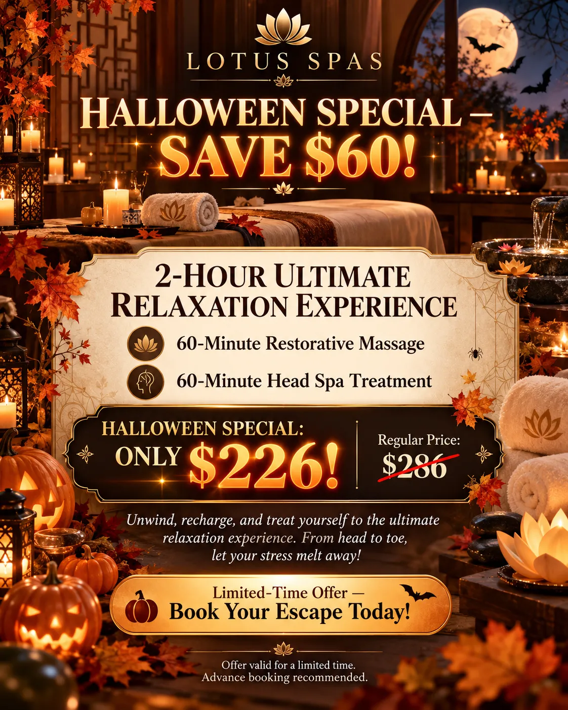 Lotus H2O Spa Halloween Special: 60-minute massage plus 60-minute head spa, only $226 instead of $286.